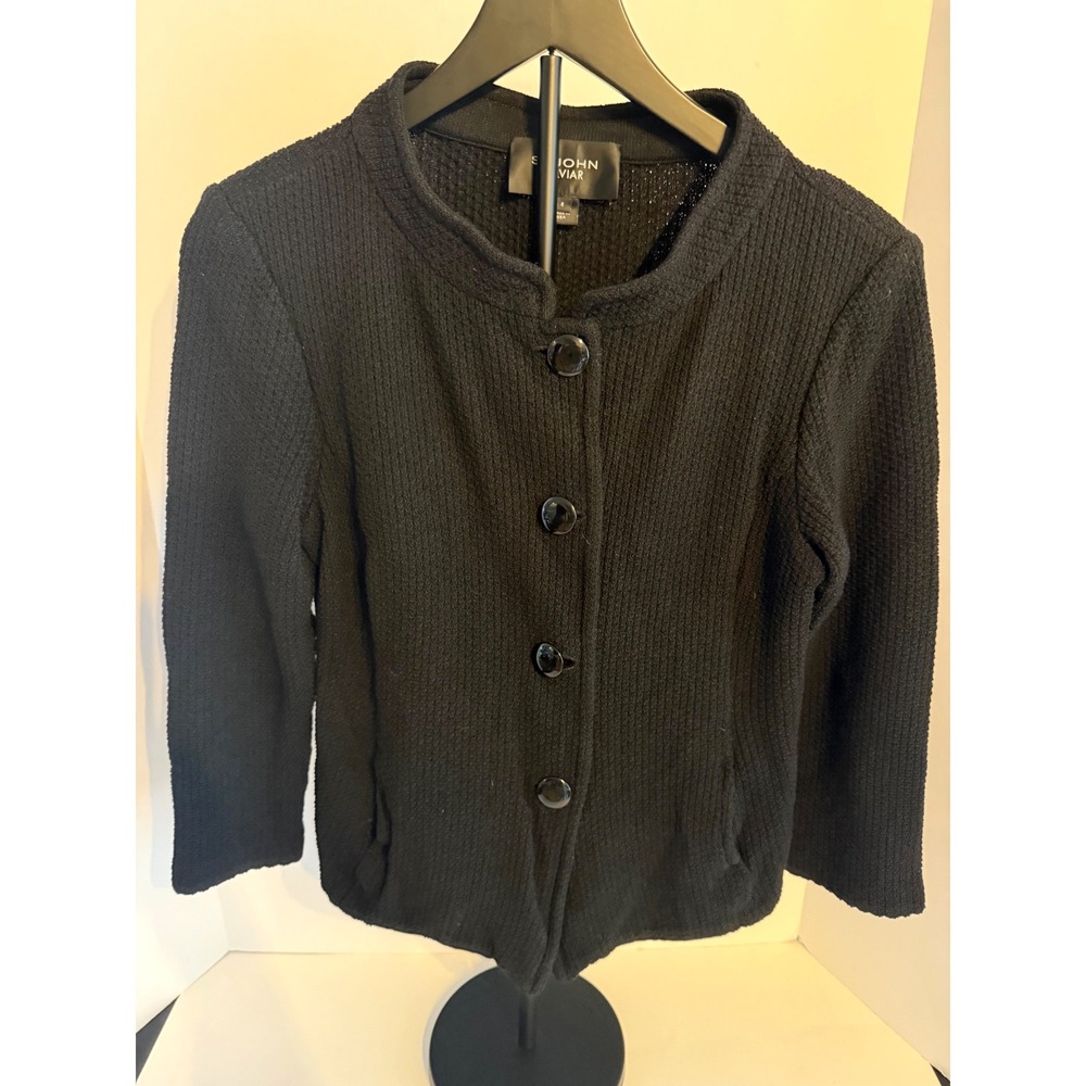St. John Caviar Knit Jacket Size 8 Black Textured Button Front‎ Career
